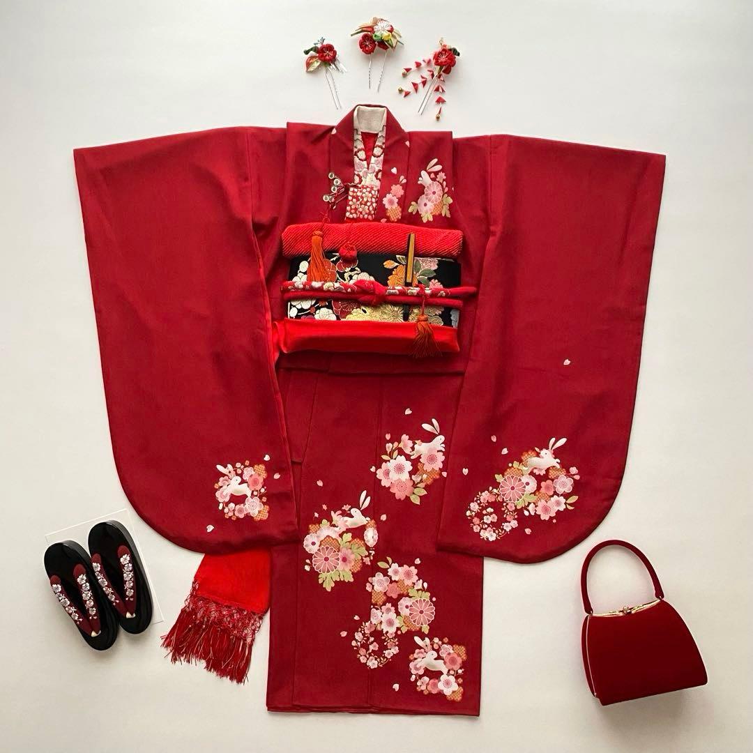 七五三　7歳女児　撫松庵　四つ身着物(襦袢 半衿付き) 袋帯セット　赤　梅　兎