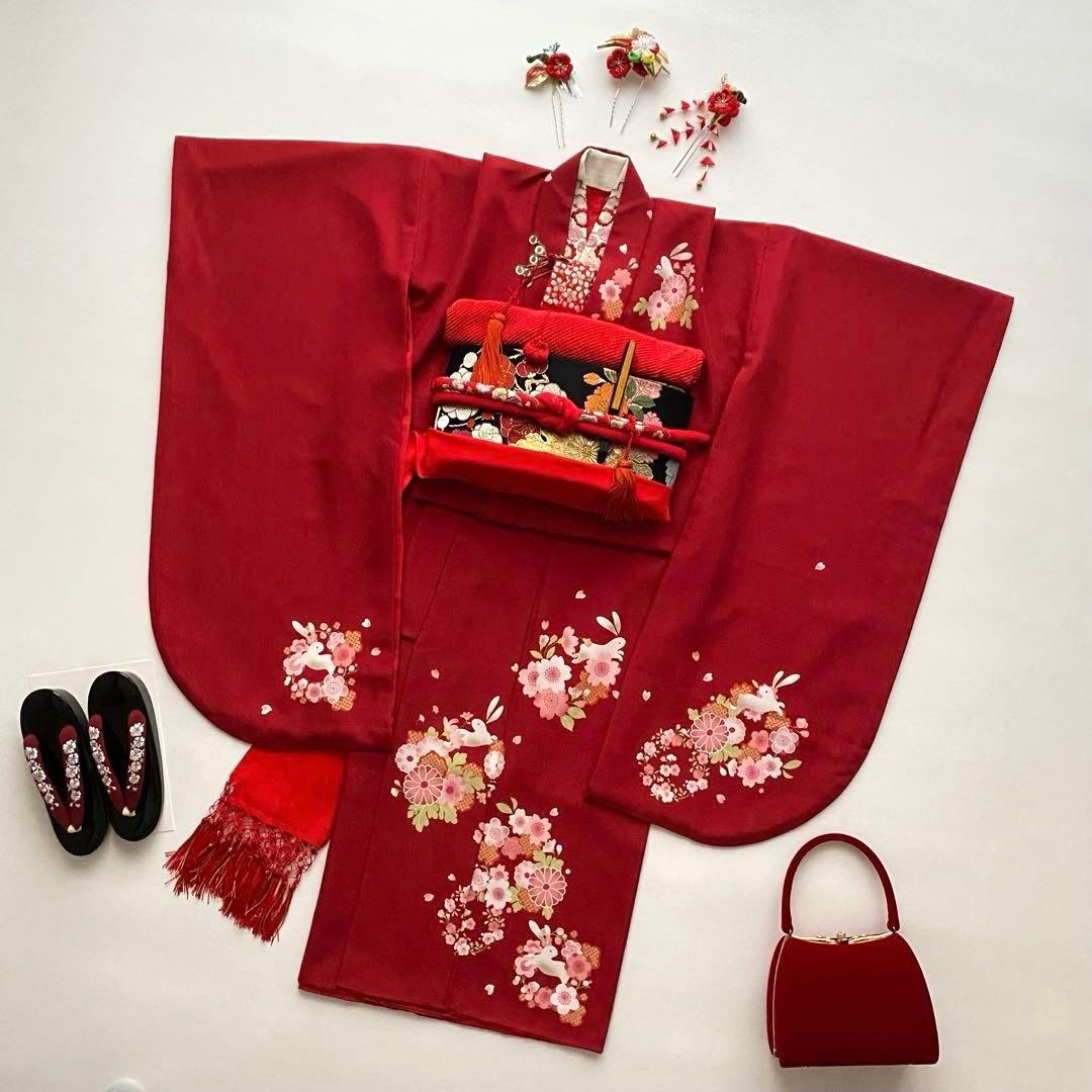七五三　7歳女児　撫松庵　四つ身着物(襦袢 半衿付き) 袋帯セット　赤　梅　兎