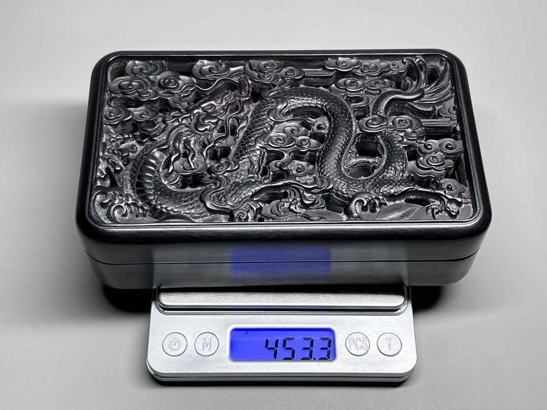 木製　小物入れ　香炉？　硯箱　巻雲龍紋　透彫　極細工　文房具　中国美術　唐木黑檀