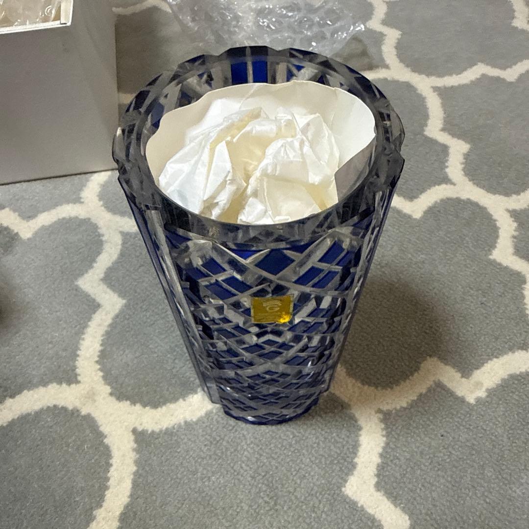 カガミクリスタル 江戸切子 花瓶 ブルー