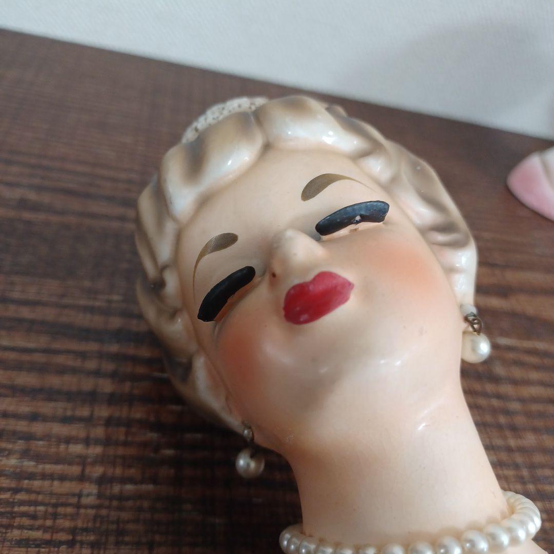 ビンテージ レディヘッドベース 陶器製の置物花瓶 水色とピンクのドレス2点セット