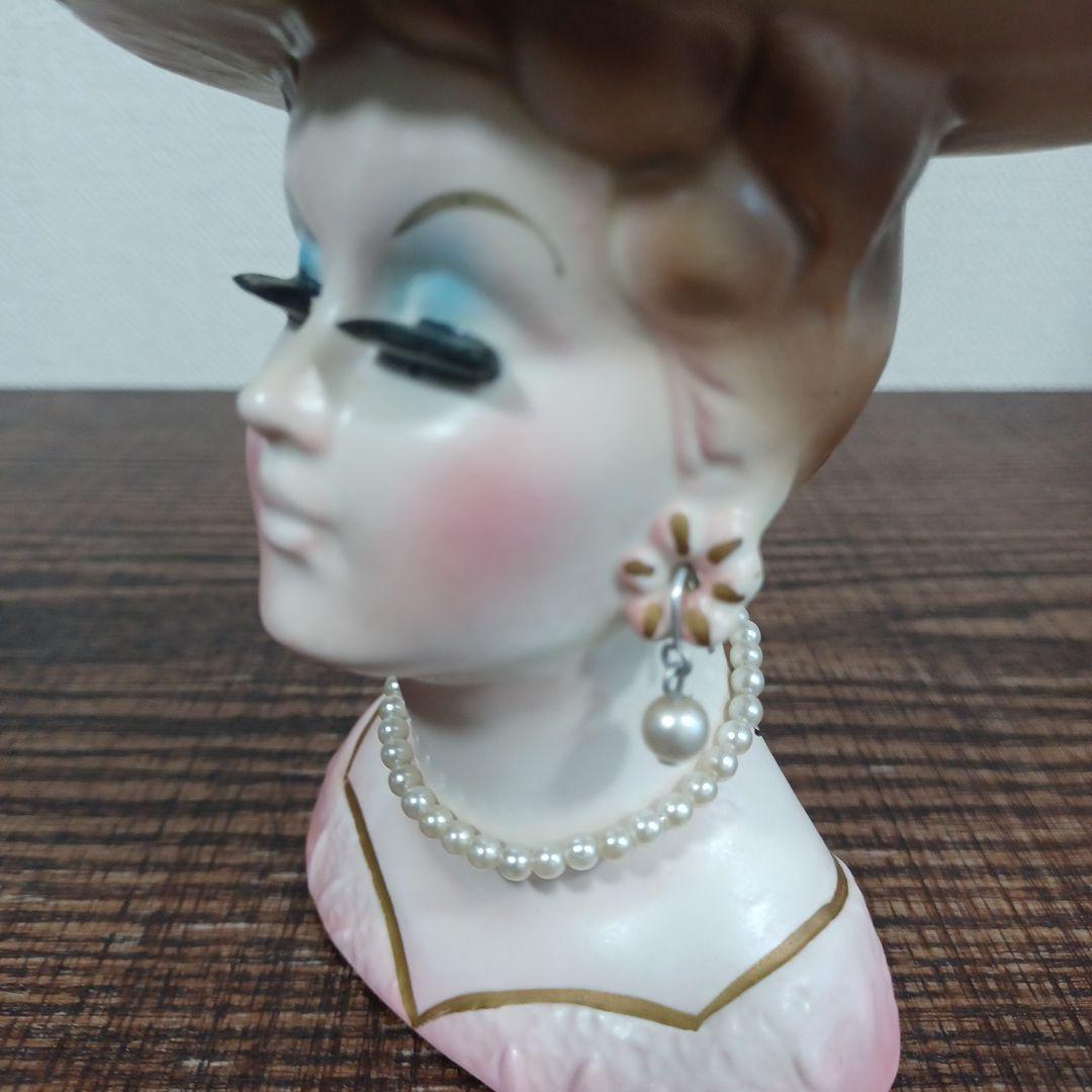 ビンテージ レディヘッドベース 陶器製の置物花瓶 水色とピンクのドレス2点セット