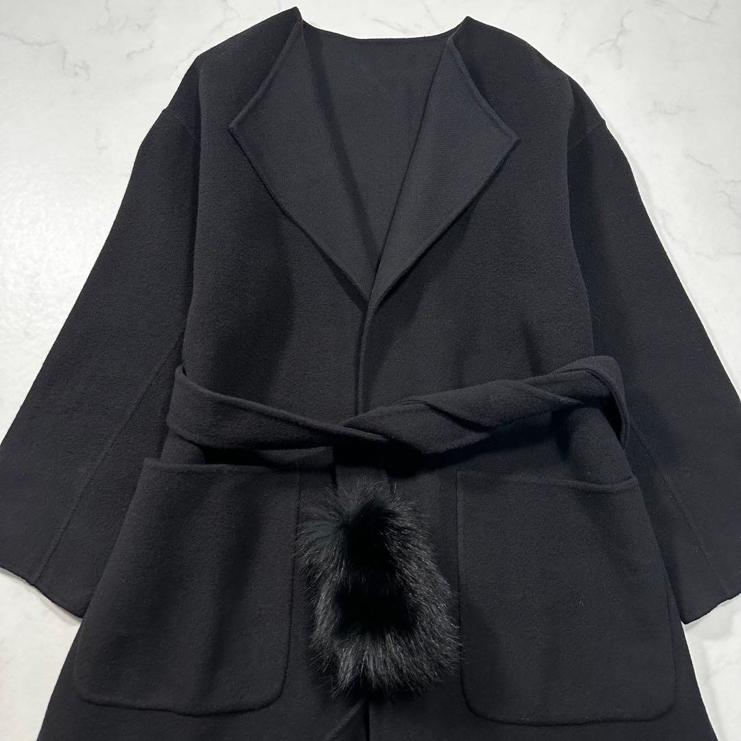 極美品◎ダイアグラム ノーカラーリバーコート ブルーフォックスファー 黒 36