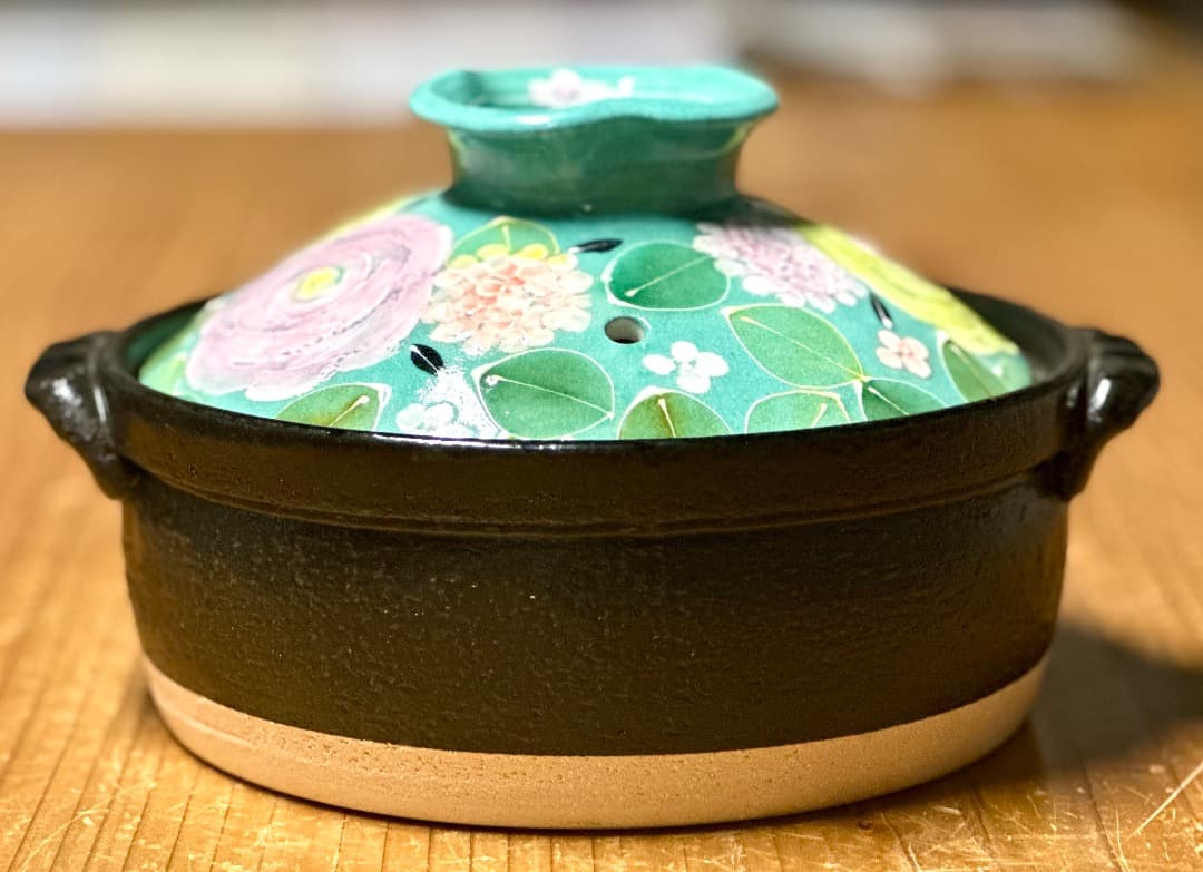 値下げ　新品　工房ゆずりは　６号土鍋　緑彩ローズ　IH直火OK　一人用
