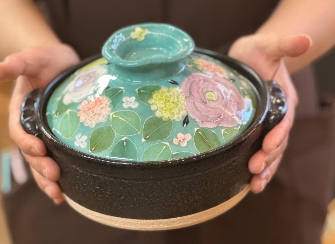 値下げ　新品　工房ゆずりは　６号土鍋　緑彩ローズ　IH直火OK　一人用