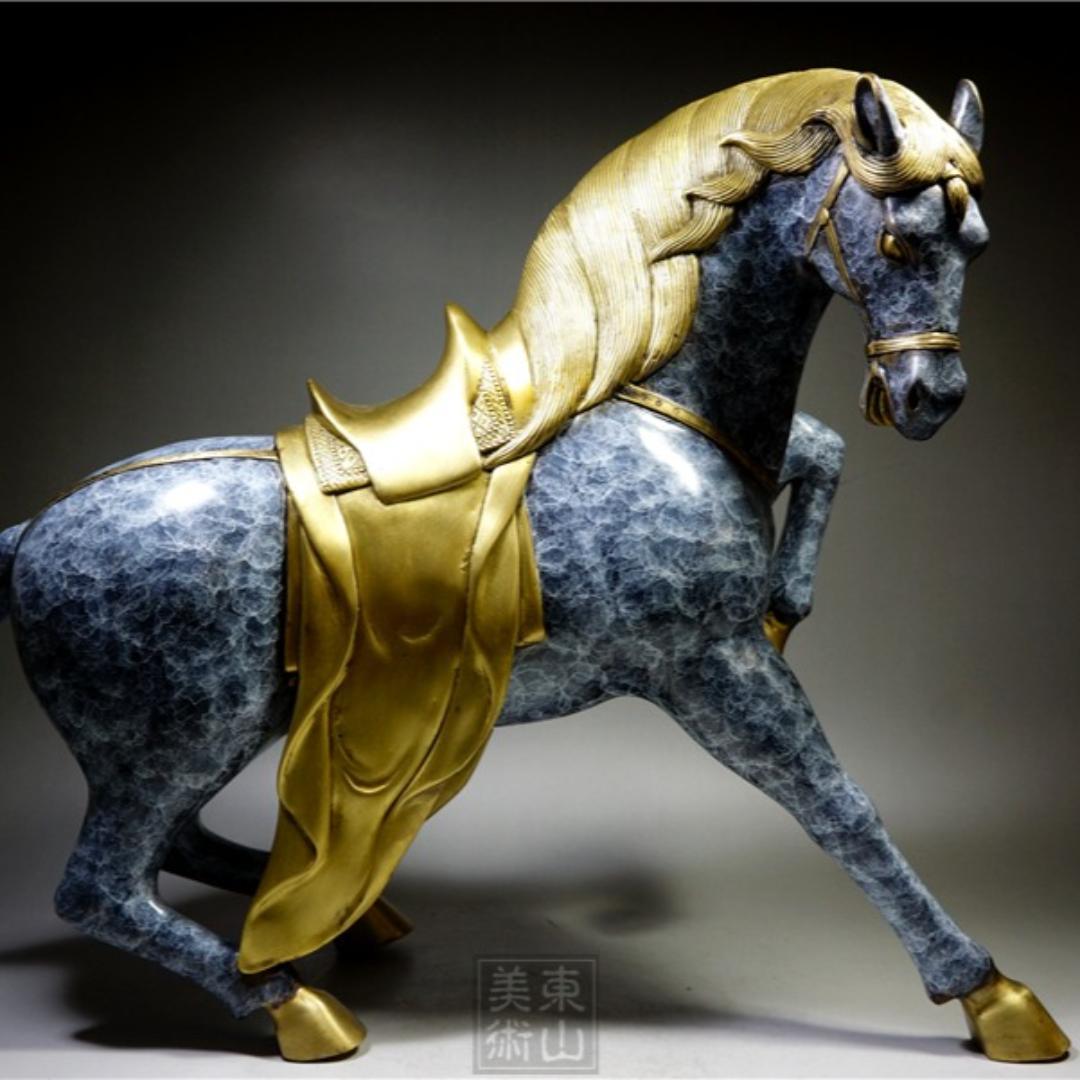 銅細工 大迫力唐馬高彫 無銘 開運置物 極上質 高さ約31cm 重さ約5.6kg