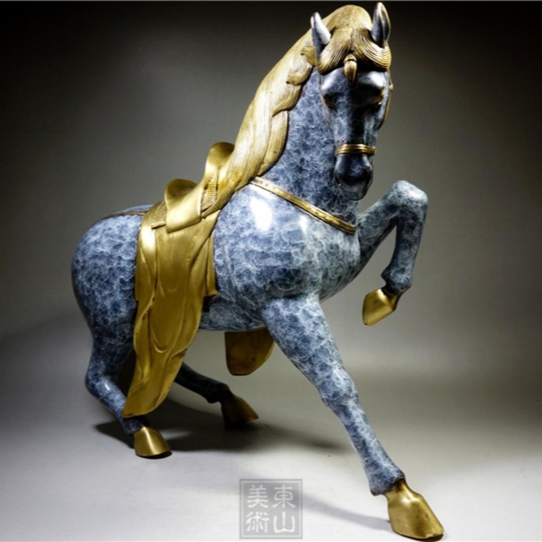 銅細工 大迫力唐馬高彫 無銘 開運置物 極上質 高さ約31cm 重さ約5.6kg