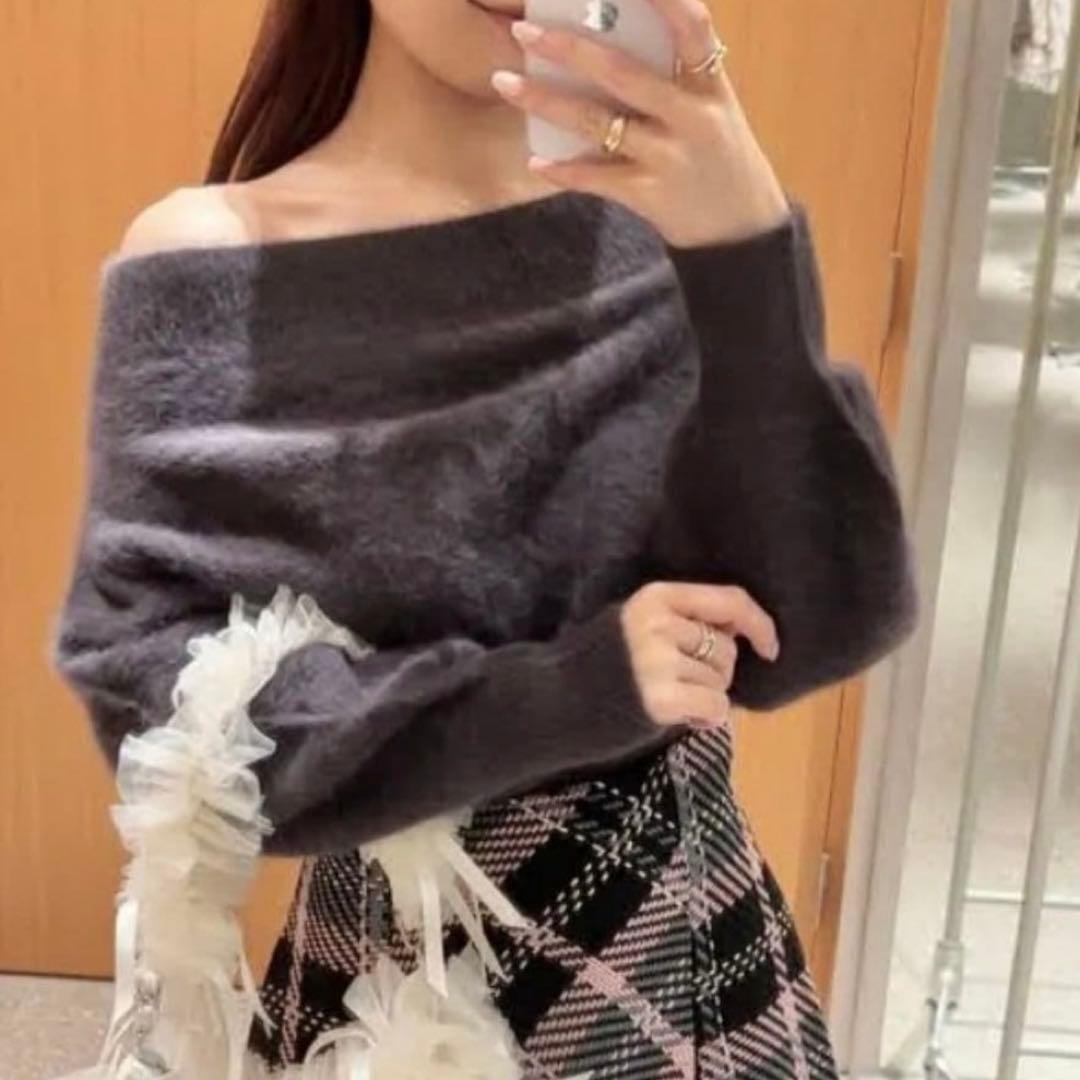 【美品】SNIDEL フォックスアルパカオフショルプルオーバー ダークグレー