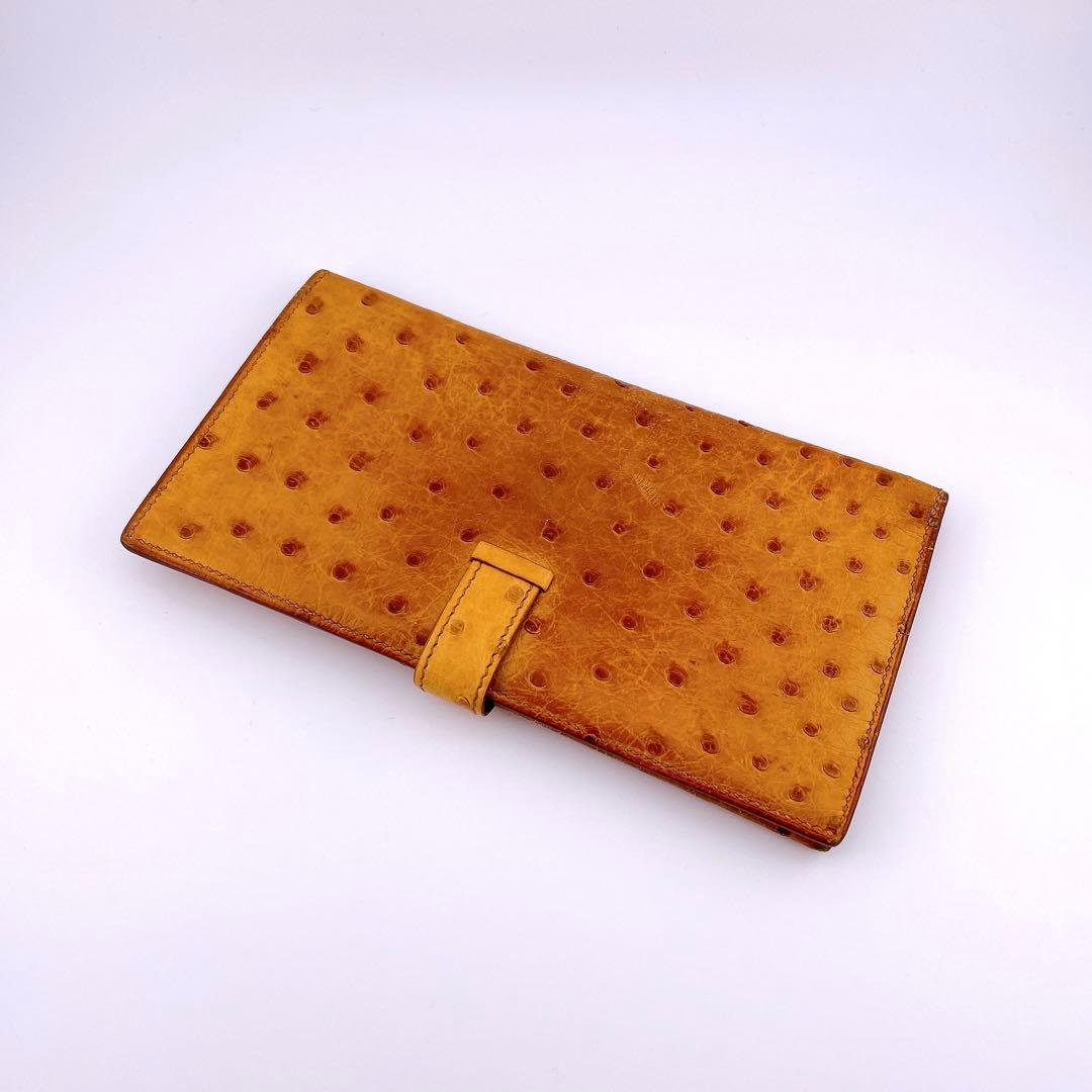 ★エルメス★ 長財布 二つ折り財布 オーストリッチ ベアンクラシック ブラウン系
