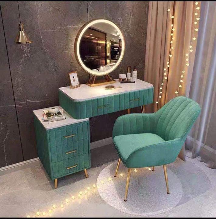 オシャレドレッサー　グリーン　デスク引き出し2杯LEDミラー　椅子　棚4点セット