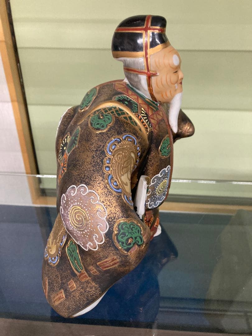 【新品】九谷焼 置物 扇子 能舞 翁金彩色絵　縁起物