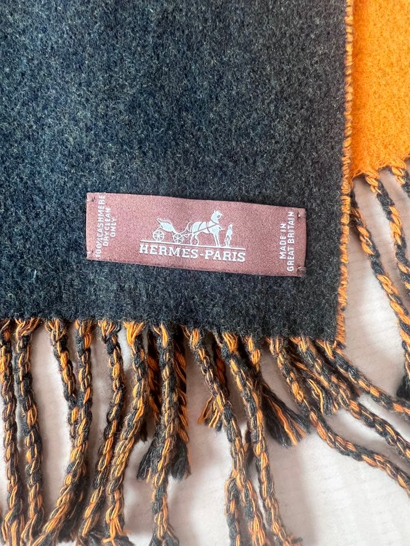 HERMES　エルメス　 カシミヤ マフラー　オレンジ ダークグリーン