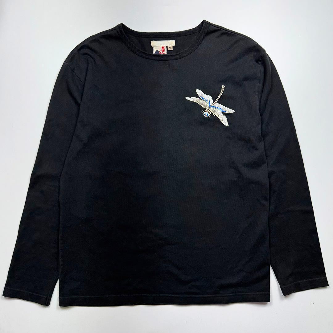 【レア】赤富士トンボ刺繍　長袖Tシャツ　ロンT黒XL◆古着ヴィンテージスカジャン