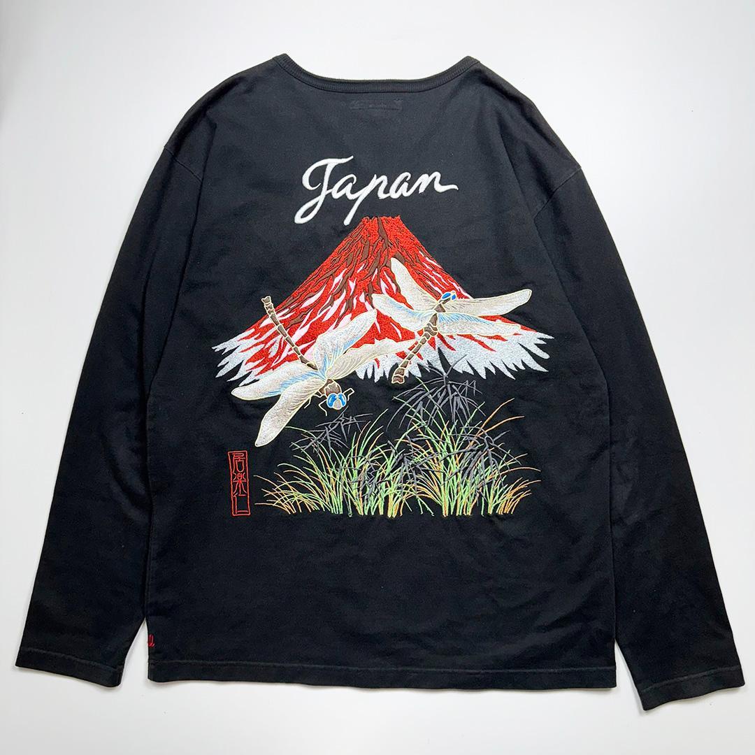 【レア】赤富士トンボ刺繍　長袖Tシャツ　ロンT黒XL◆古着ヴィンテージスカジャン
