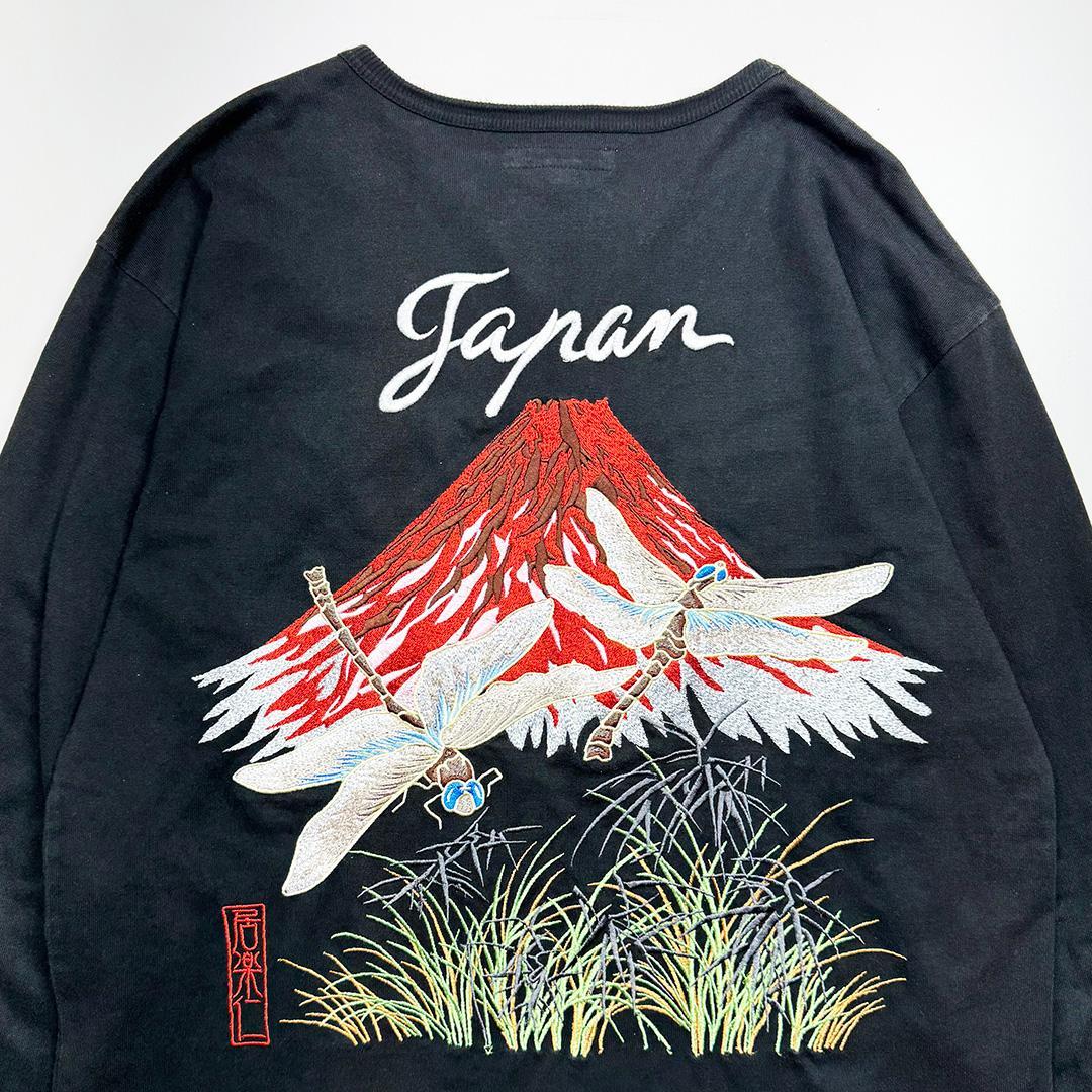 【レア】赤富士トンボ刺繍　長袖Tシャツ　ロンT黒XL◆古着ヴィンテージスカジャン
