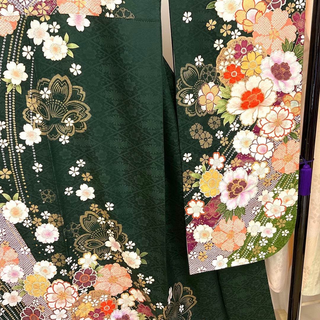 綺麗な地模様入りのグリーン地に桜が可愛い振り袖フルセット➕着付け用小物
