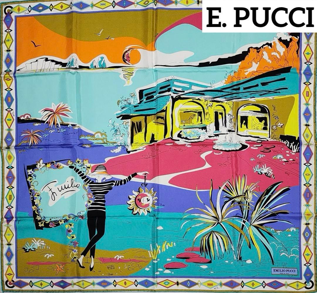 美品 ★エミリオプッチ★ スカーフ 大判 リゾート 女性 シルク スカイブルー.