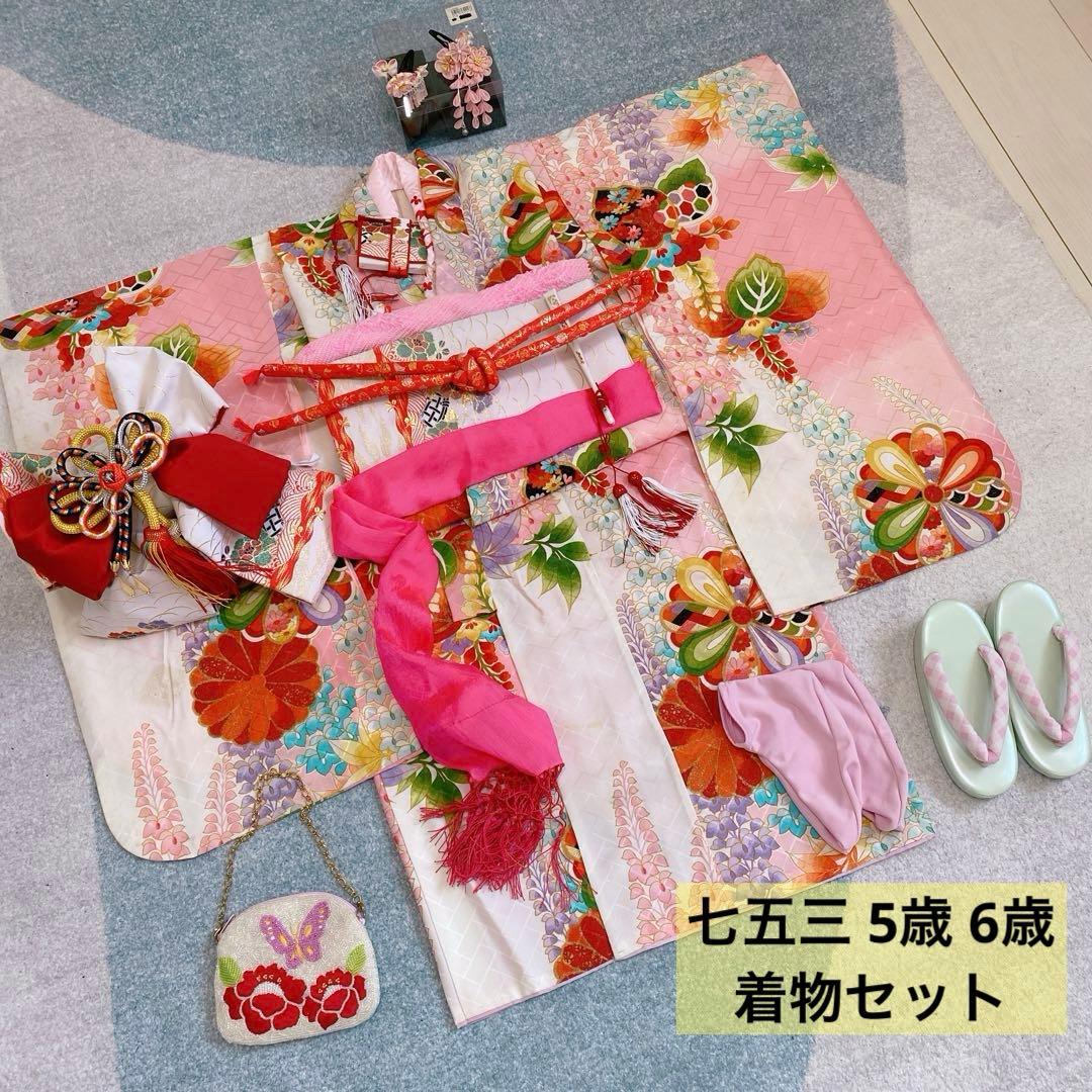 七五三 5歳 6歳 アンティーク 着物 作り帯 小物 髪飾り フルセット