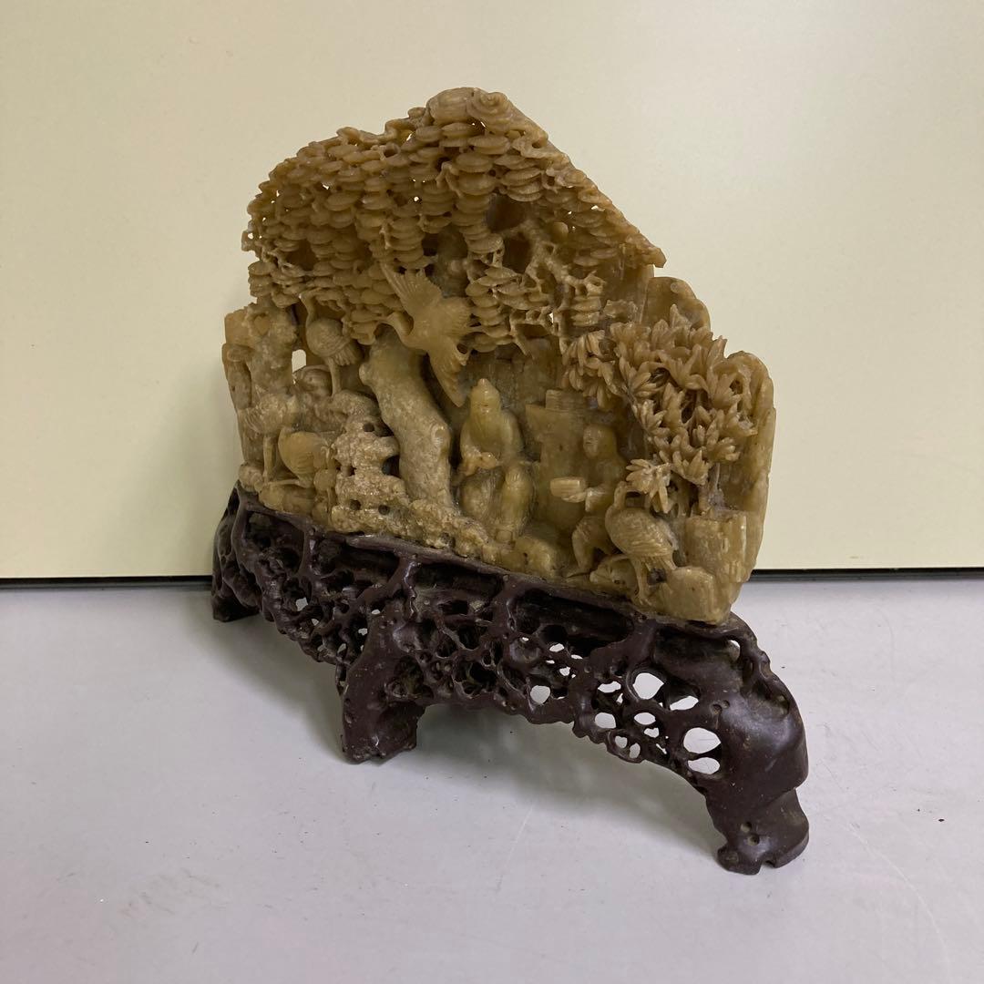 E-4寿山石 中国石彫 古美術 人物像 蝋石 細密彫刻 石彫刻 工芸品 レトロ