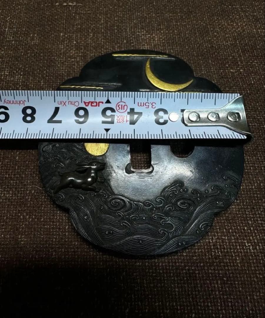 赤銅　鍔　つば　武具　象嵌　波兎　獅子牡丹　江戸時代　骨董古美術