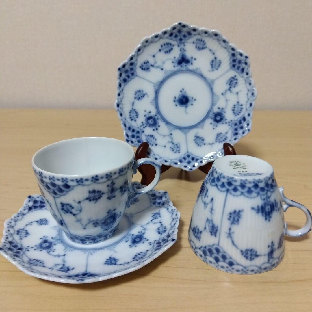 ロイヤルコペンハーゲン ブルーフルーテッド フルレース カップ＆ソーサー　ペア