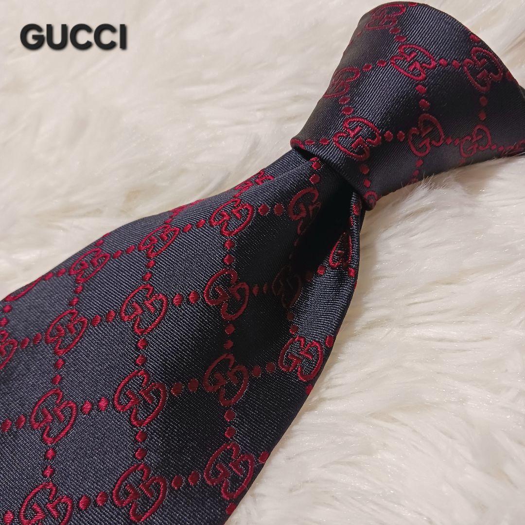 極美品★GUCCI ネクタイ GG柄 ブラック レッド