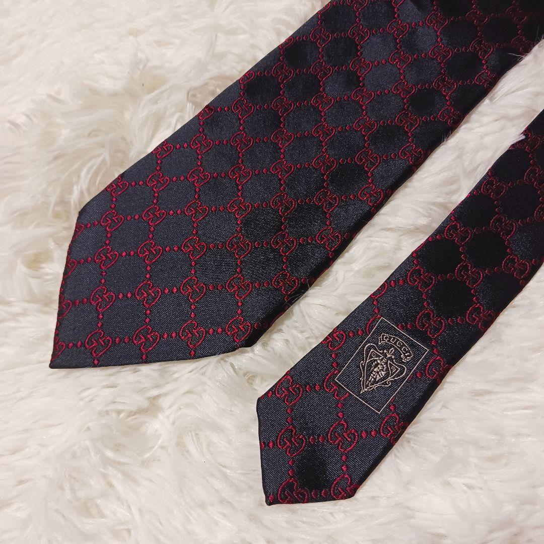 極美品★GUCCI ネクタイ GG柄 ブラック レッド