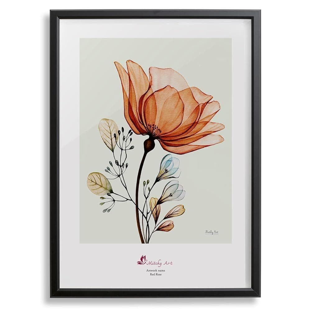 絵画「赤いバラ」 壁掛け A3 額入り (横32cm x 縦43cm)