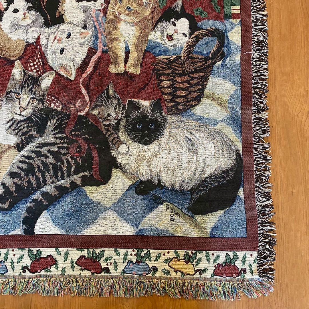 美品　猫柄 ゴブランラグ　ヴィンテージ　大判　タペストリー　162×117