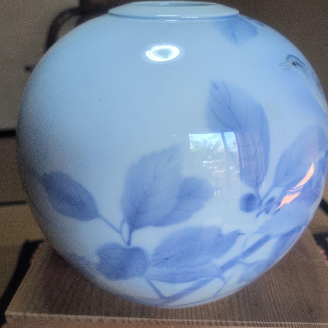 宮内庁御用達 深川製磁 有田焼 花瓶 官窯染付 鳥 白磁 藍絵 特大 花入共箱