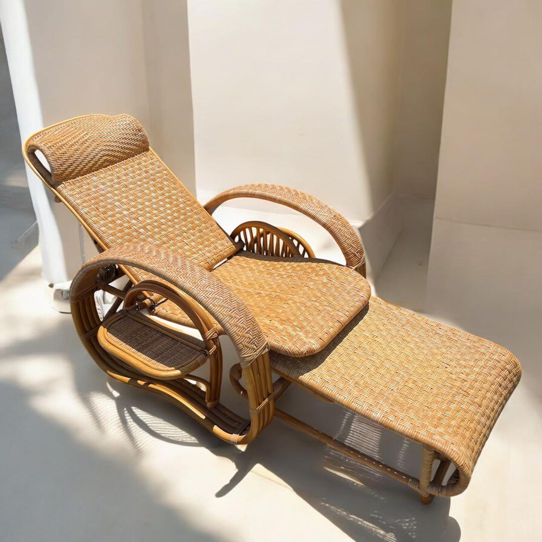 ラタンリクライニングチェア オットマン付き 1人掛けソファー 古家具