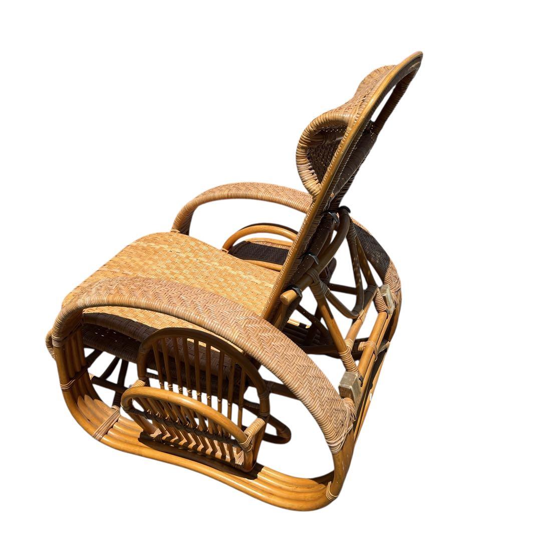 ラタンリクライニングチェア オットマン付き 1人掛けソファー 古家具