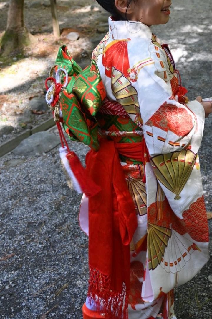 七五三 衣装 赤と緑 扇子模様　着画あり◯