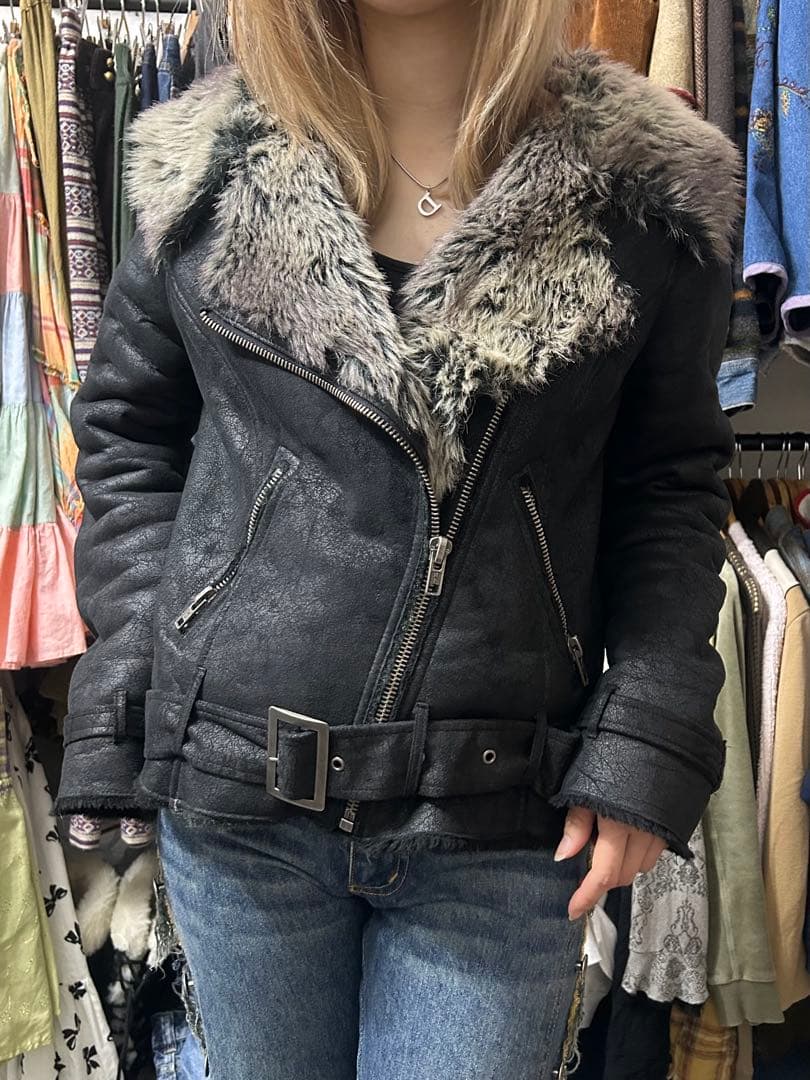 Y2K★ファー★ライダースジャケット★ムートン 黒 アウター