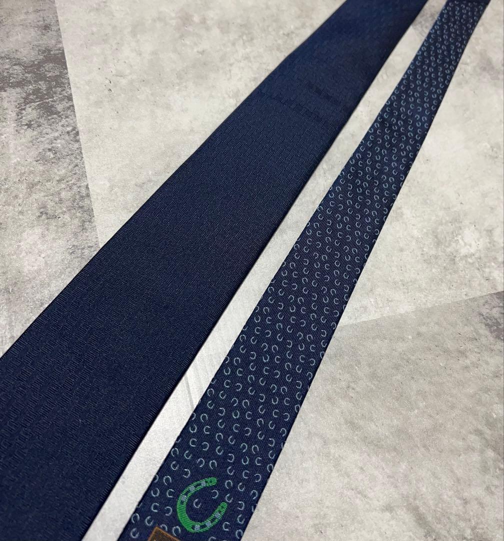 HERMES ネクタイ ハイブランド ソリッド ネイビー 馬蹄刺繍 箱付き