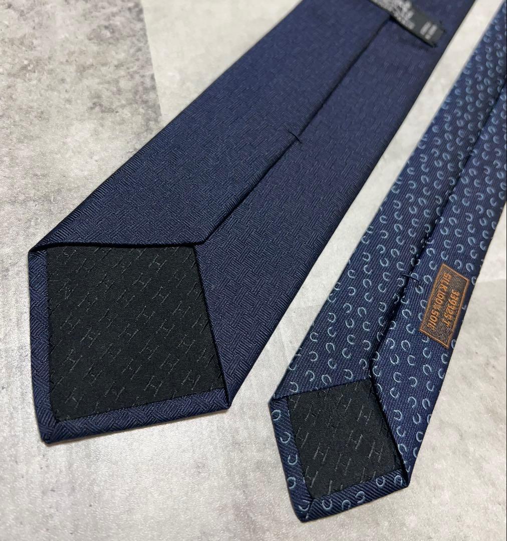 HERMES ネクタイ ハイブランド ソリッド ネイビー 馬蹄刺繍 箱付き