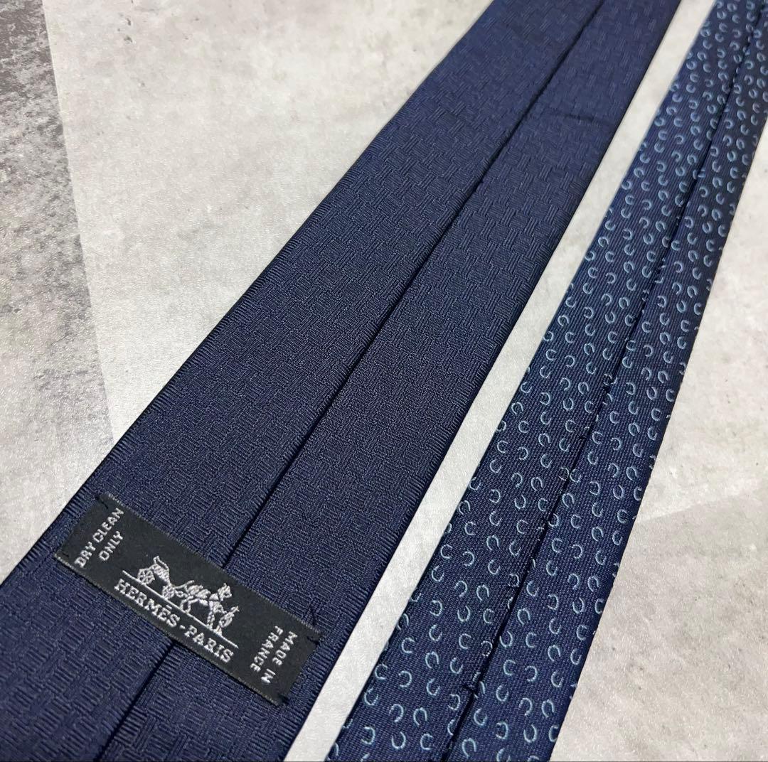 HERMES ネクタイ ハイブランド ソリッド ネイビー 馬蹄刺繍 箱付き