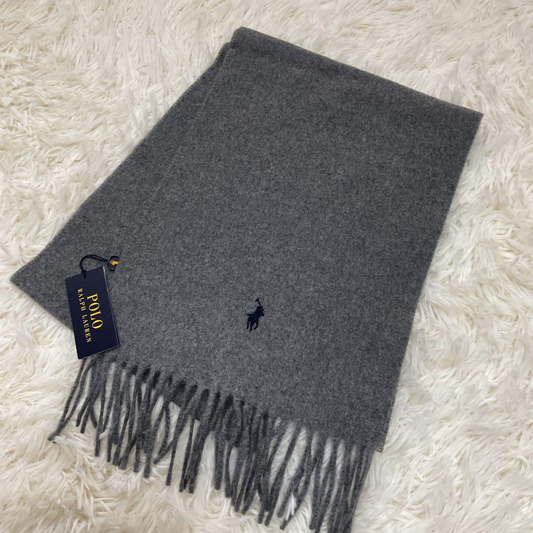 新品未使用♪ポロラルフローレン マフラー グレー 刺繍 ネイビー