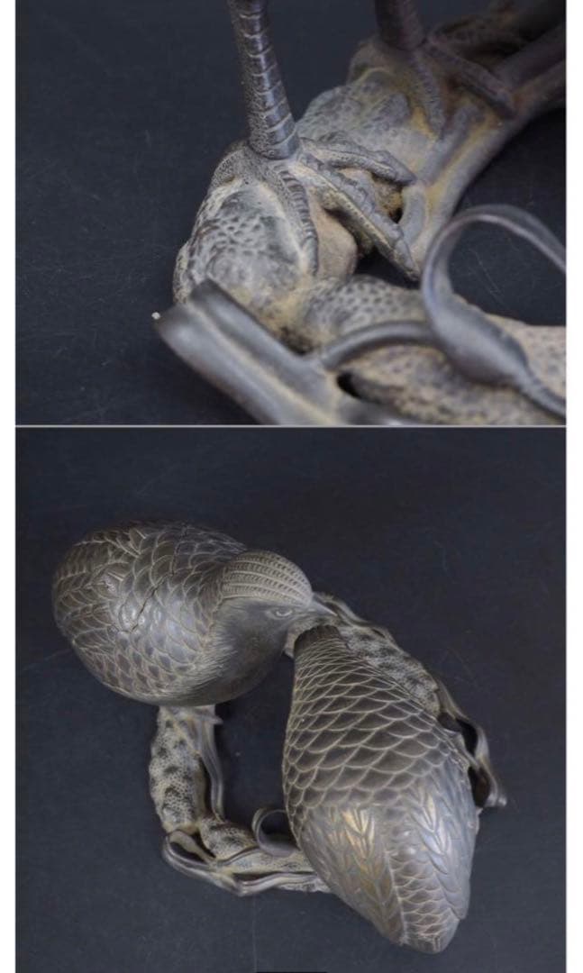 送料無料　博物館級　江戸時代 砂張り銅古銅鶉（ウズラ）香炉　高さ14ｃｍ