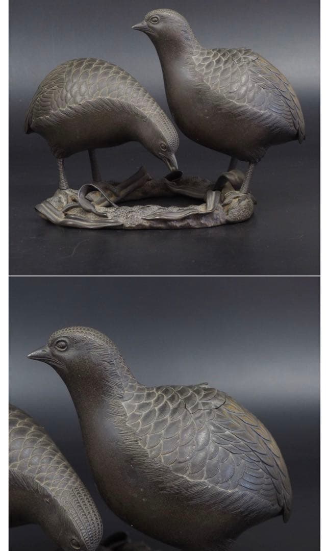 送料無料　博物館級　江戸時代 砂張り銅古銅鶉（ウズラ）香炉　高さ14ｃｍ