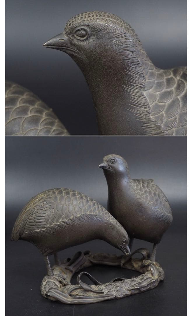 送料無料　博物館級　江戸時代 砂張り銅古銅鶉（ウズラ）香炉　高さ14ｃｍ