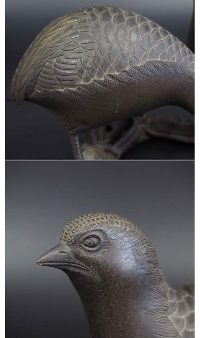 送料無料　博物館級　江戸時代 砂張り銅古銅鶉（ウズラ）香炉　高さ14ｃｍ
