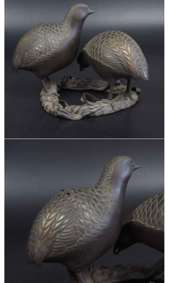 送料無料　博物館級　江戸時代 砂張り銅古銅鶉（ウズラ）香炉　高さ14ｃｍ