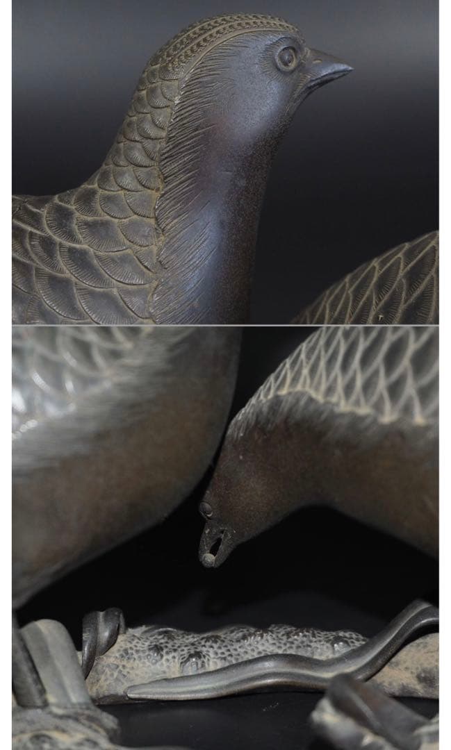 送料無料　博物館級　江戸時代 砂張り銅古銅鶉（ウズラ）香炉　高さ14ｃｍ