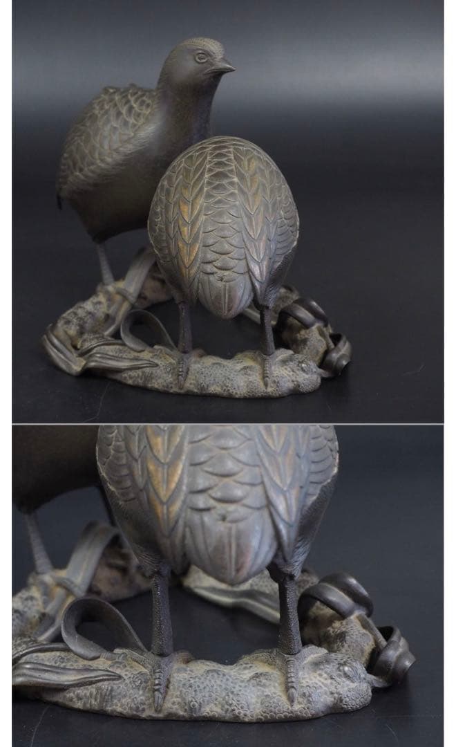 送料無料　博物館級　江戸時代 砂張り銅古銅鶉（ウズラ）香炉　高さ14ｃｍ