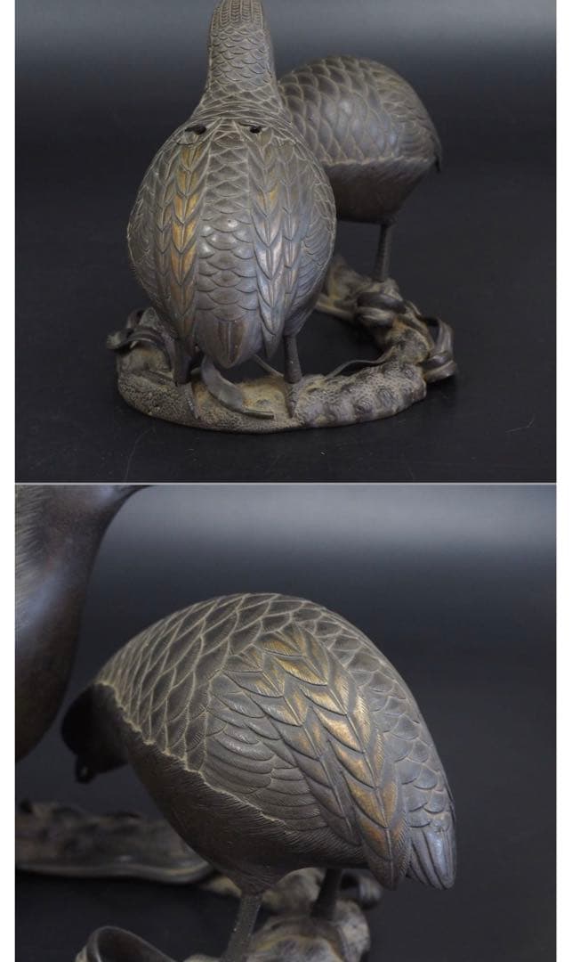 送料無料　博物館級　江戸時代 砂張り銅古銅鶉（ウズラ）香炉　高さ14ｃｍ
