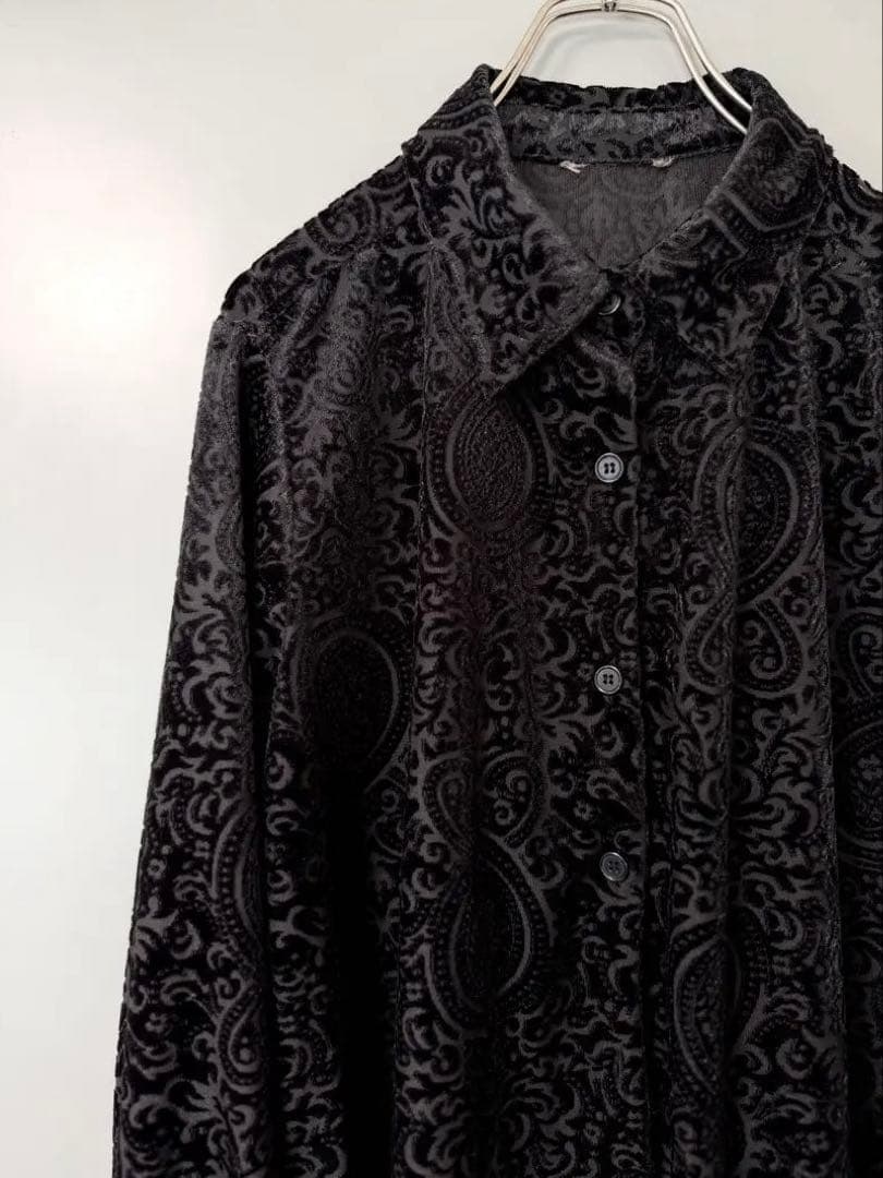 ヴィンテージ 総柄シャツ シースルー ベロア ペイズリー柄 ブラック モード古着
