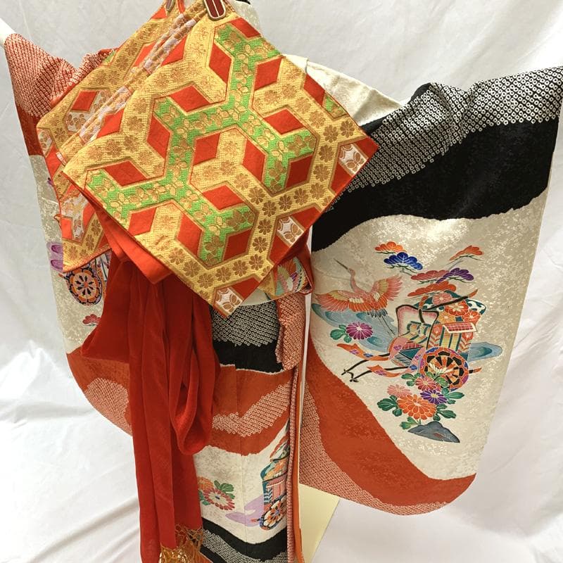 511ag11□七五三 七歳 女児 着物&袋帯 絞染め 御所車 鶴□状態良好