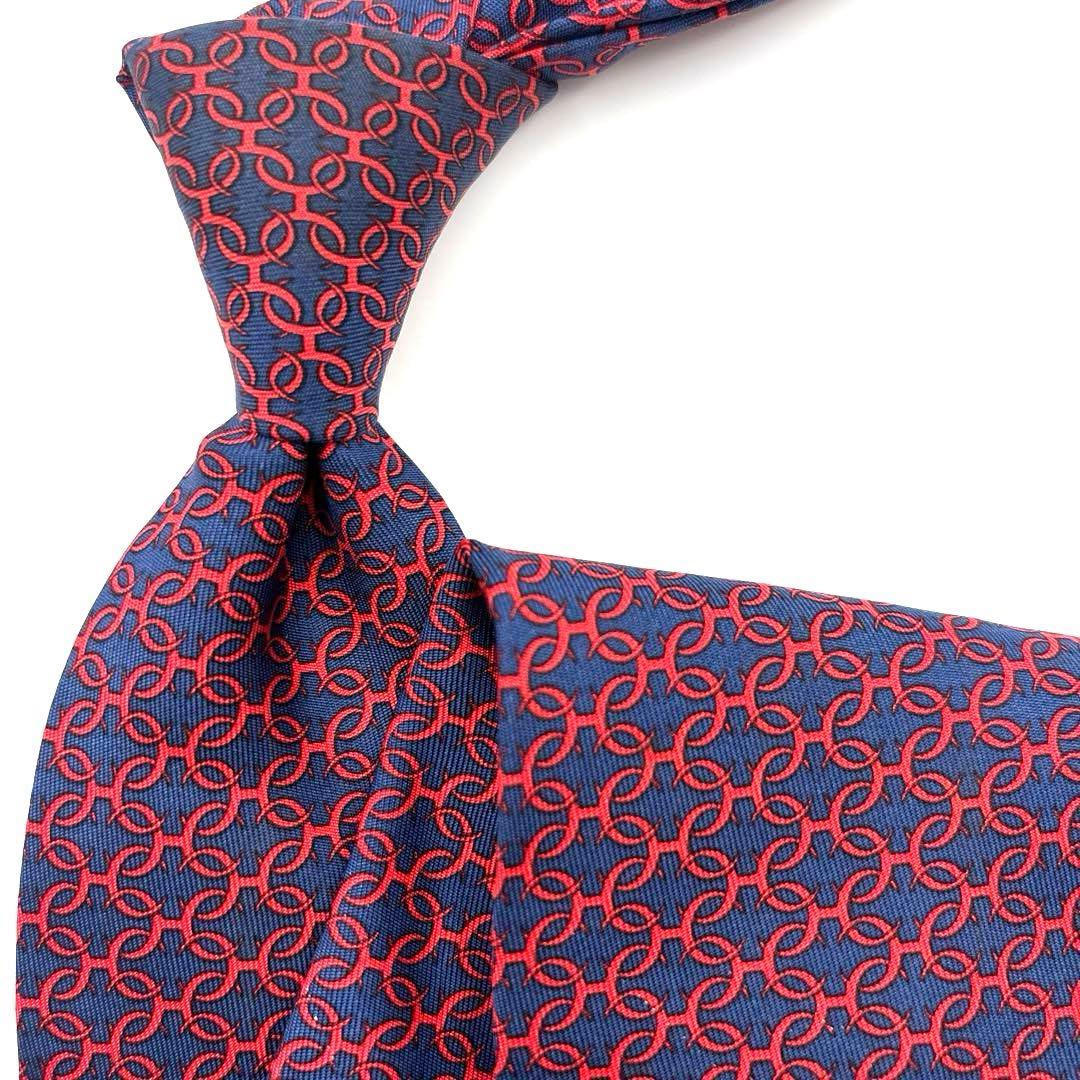 【極美品】HERMES エルメス ネクタイ ネイビー 紺 レッド 総柄 輪