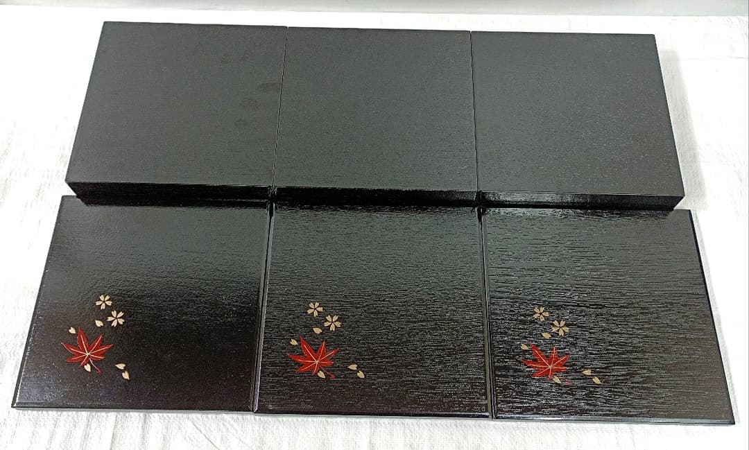 松花堂 木製漆器 金彩桜紅葉紋弁当箱 仕切り付 5客セット 未使用品